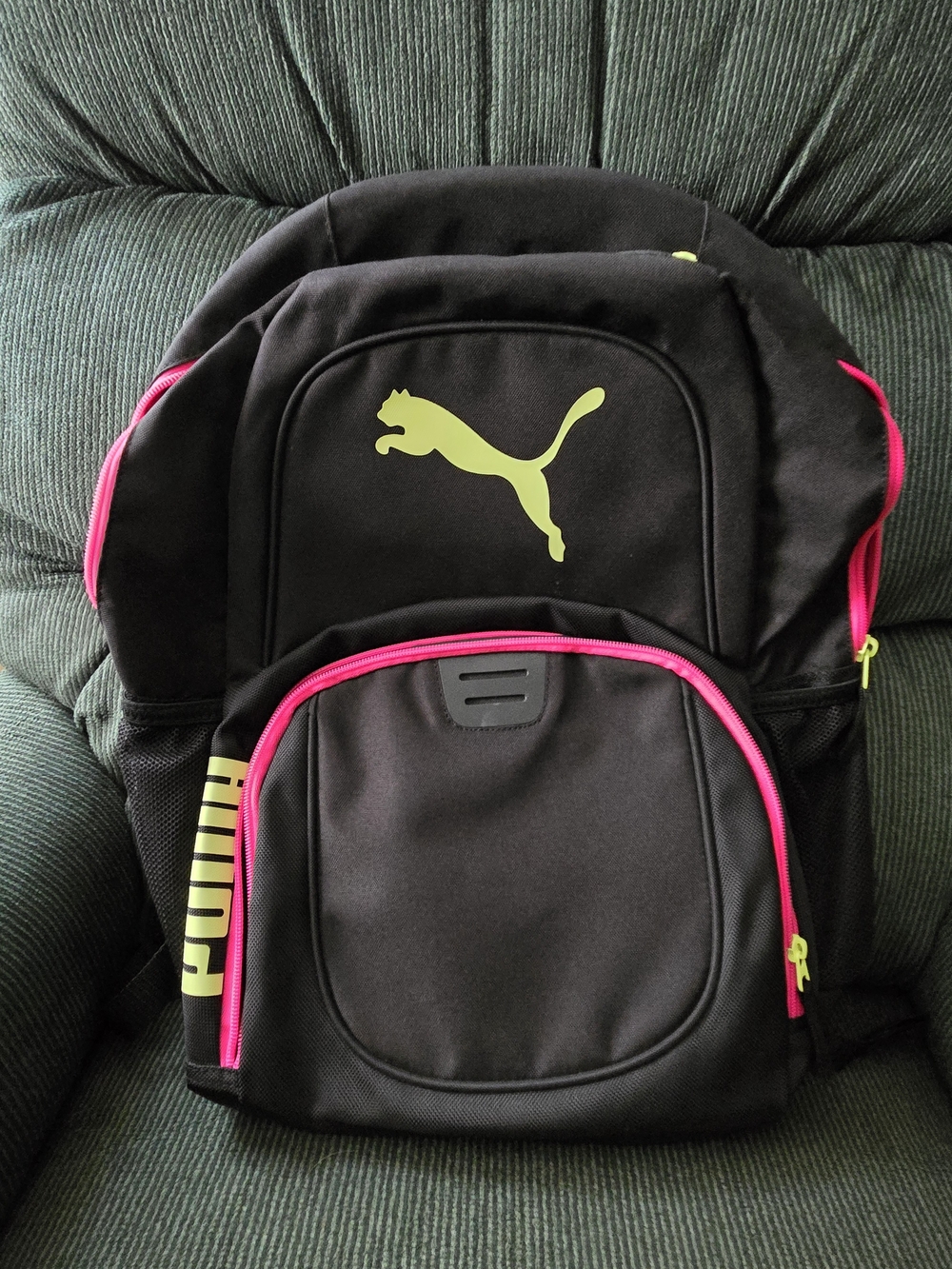 Puma Black Backpack with Pink Trim and Neon Yellow Logo